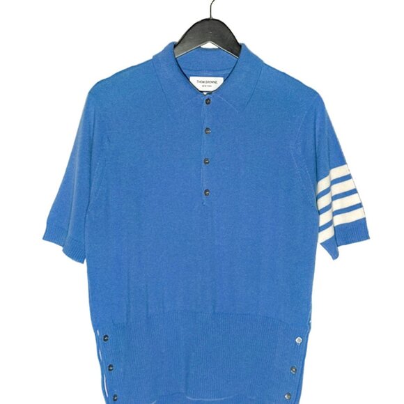 Thom Browne Blue Cashmere 4-Bar Short Sleeve Knit Polo Shirt - Picture 1 of 9